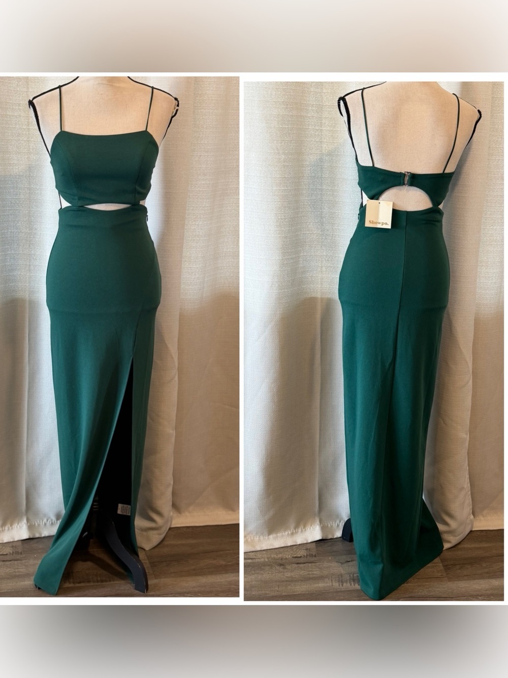 Showpo. Monet Cut Out Under Bust Maxi Dress Emerald Green Slit Sleeveless Sz 2